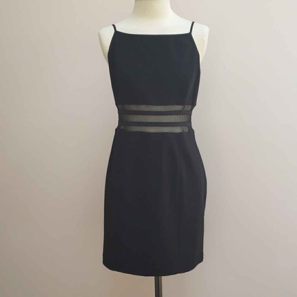 Vintage Dawn Joy Fashions Black Spaghetti Strap Mini Dress with Mesh Stripes